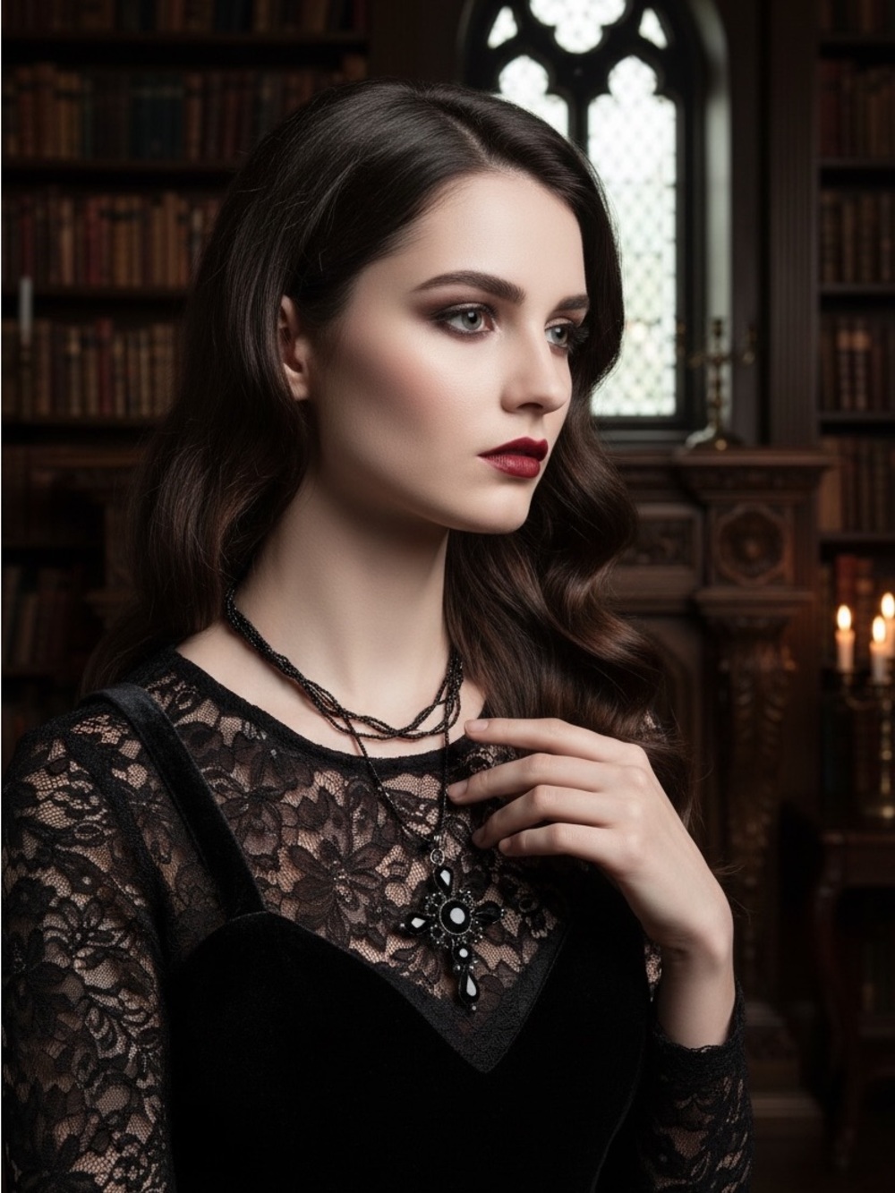 Black Gothic Multi-Strand Cross Pendant Necklace - Elegant Women's Jewelry